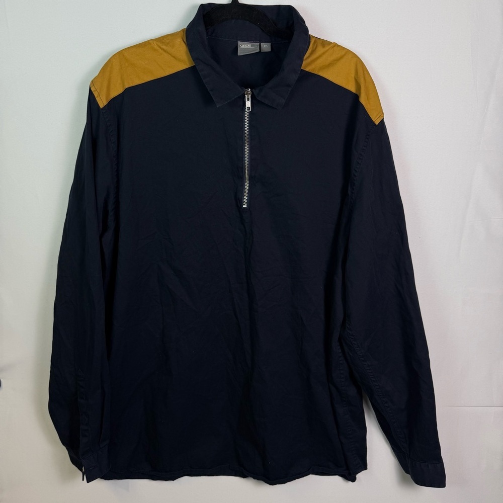 ASOS Men Navy Mustard Quarter Zip Shacket sz 2XL Cotton‎ Casual Work Yoke Church